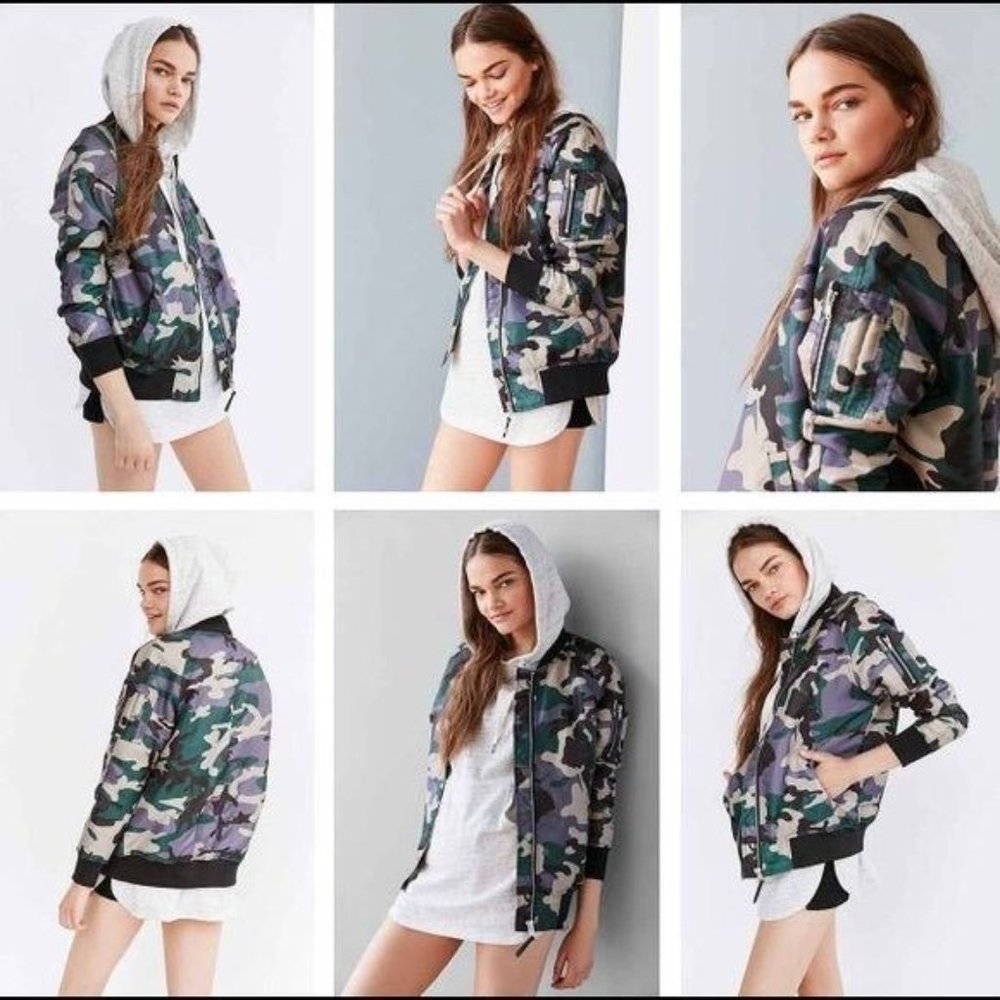 ANTHRO x SILENCE + NOISE Rita Camouflage Lightweight Bomber Jacket MEDIUM Satin - Picture 6 of 13